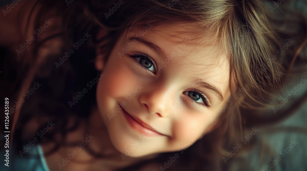 Smiling little girl with long brunette hair lying down at home showcasing happiness and warmth in a cozy interior setting. Smiling little girl with long brunette hair lying down at home showcasing happiness and warmth in a cozy interior setting.