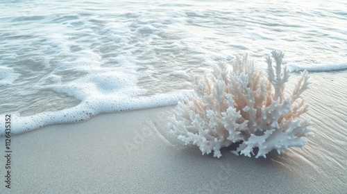 White coral washed ashore with gentle ocean waves and sands creating a serene coastal landscape at sunrise.