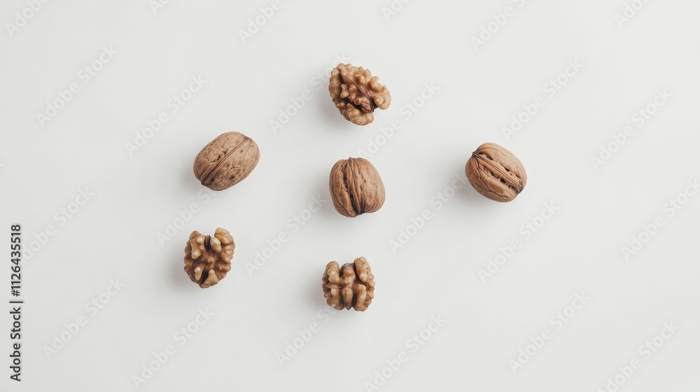 Walnuts arranged attractively on a clean white background showcasing their unique textures and shapes for culinary or health-related use. Walnuts arranged attractively on a clean white background showcasing their unique textures and shapes for culinary or health-related use.