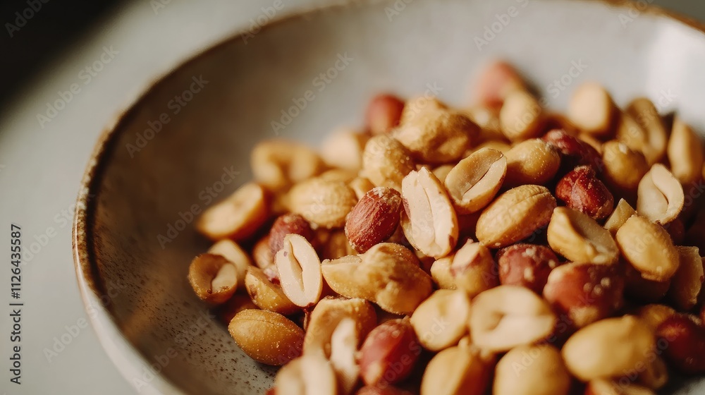 Close-up of assorted roasted peanuts in a rustic bowl showcasing their texture and natural color for food photography or snack themes
