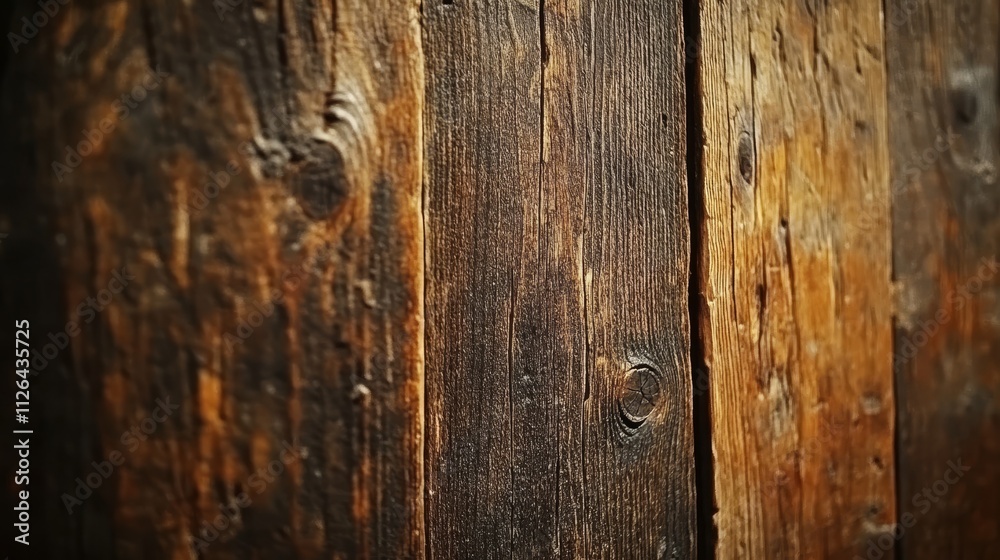 Naklejka premium Rustic wooden texture closeup, natural brown wood grain background, aged wooden surface detail, rustic decor element