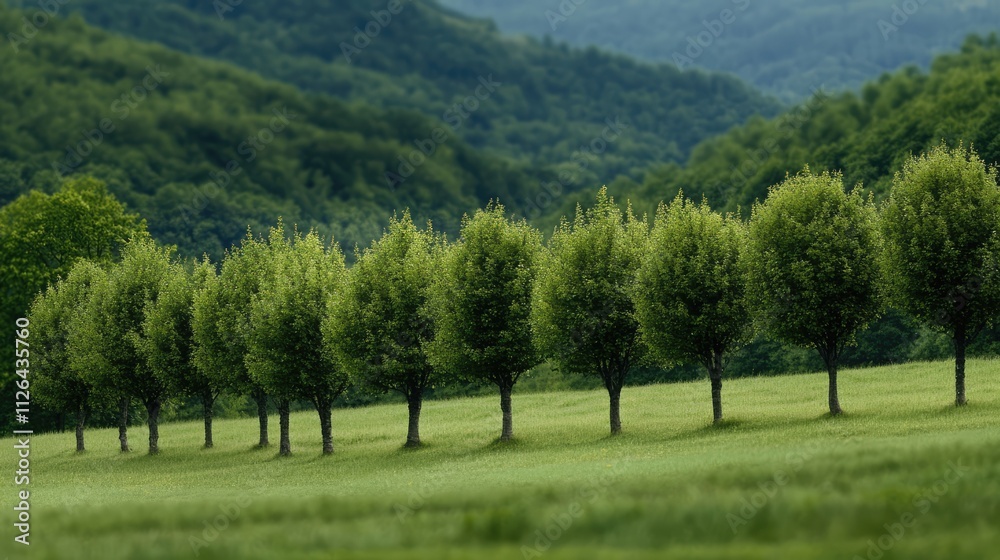 Fototapeta premium Lush green landscape featuring a row of small trees against a verdant hillside creating a serene natural environment.