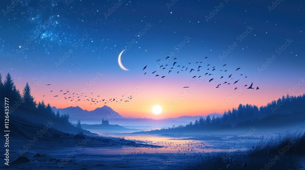 A serene twilight landscape with a setting sun, mountains, and birds in flight. A serene twilight landscape with a setting sun, mountains, and birds in flight.