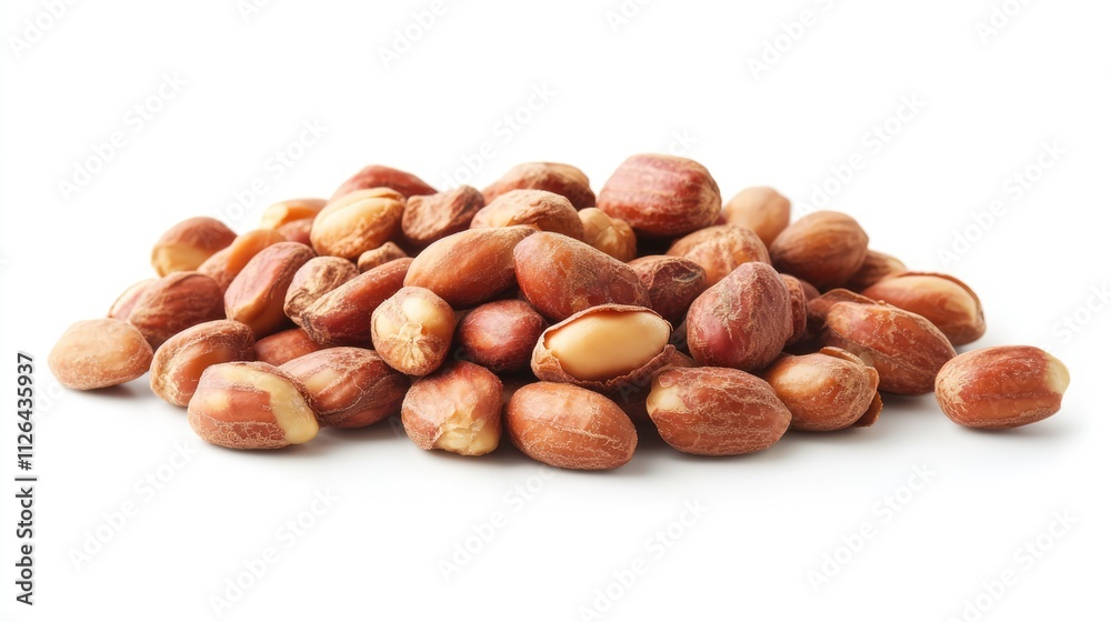 Raw peanuts scattered on a clean white background, emphasizing their textured shells and earthy tones, food, healthy snacks, nutrition, agriculture. Raw peanuts scattered on a clean white background, emphasizing their textured shells and earthy tones, food, healthy snacks, nutrition, agriculture.