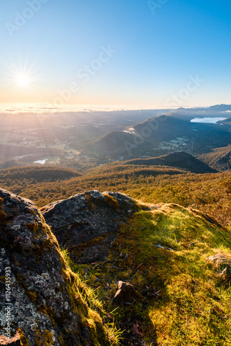 Sunrise viewed from Boroka Lookout towards Halls Gap, Grampians mountain range, Victoria, Australia photo