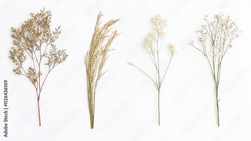 Fototapeta premium Diverse Collection of Dried Wild Grasses and Flowers on White Background