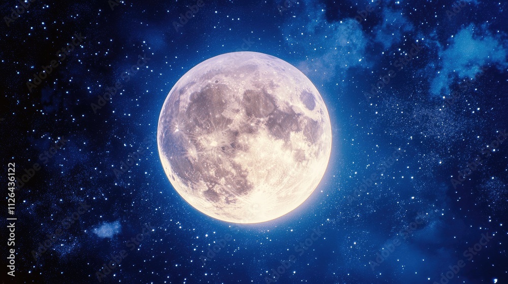 Fototapeta premium Stunning full moon illuminating a tranquil winter night with twinkling stars against a deep blue sky