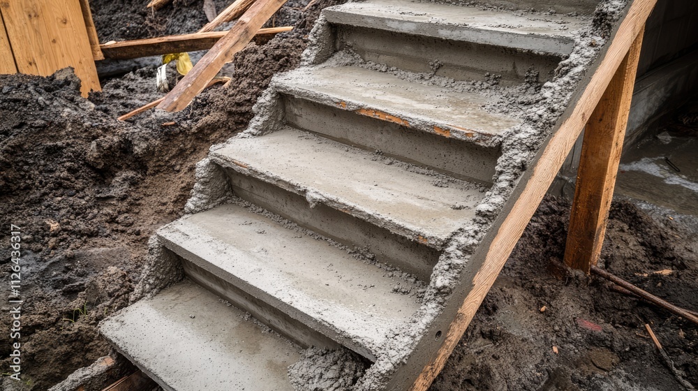Concrete staircase construction with reinforcement and wooden formwork during the building process in a construction site environment Concrete staircase construction with reinforcement and wooden formwork during the building process in a construction site environment