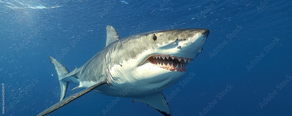 Obraz premium Great White Shark Underwater Close up Ocean Wildlife Marine Life Predator Jaws Teeth Blue Water