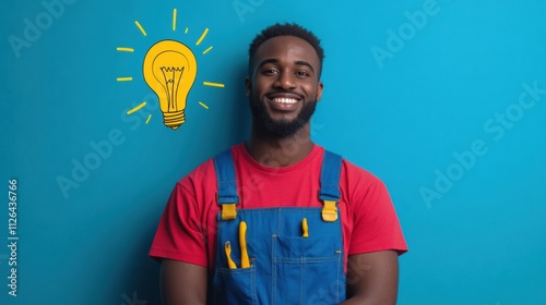 Repairman wearing blue work overalls smiles confidently as a light bulb idea hovers above his head, representing creativity and problem-solving. Generative AI photo