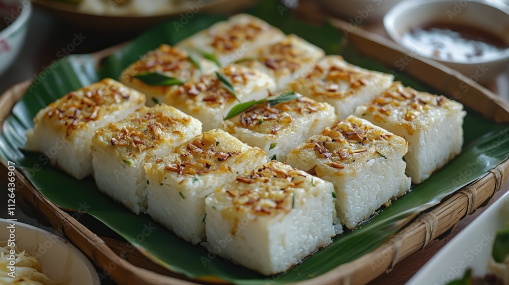 Steamed rice cakes topped with crispy onions and herbs served on banana leaves in a woven basket with dipping sauces on the side Steamed rice cakes topped with crispy onions and herbs served on banana leaves in a woven basket with dipping sauces on the side