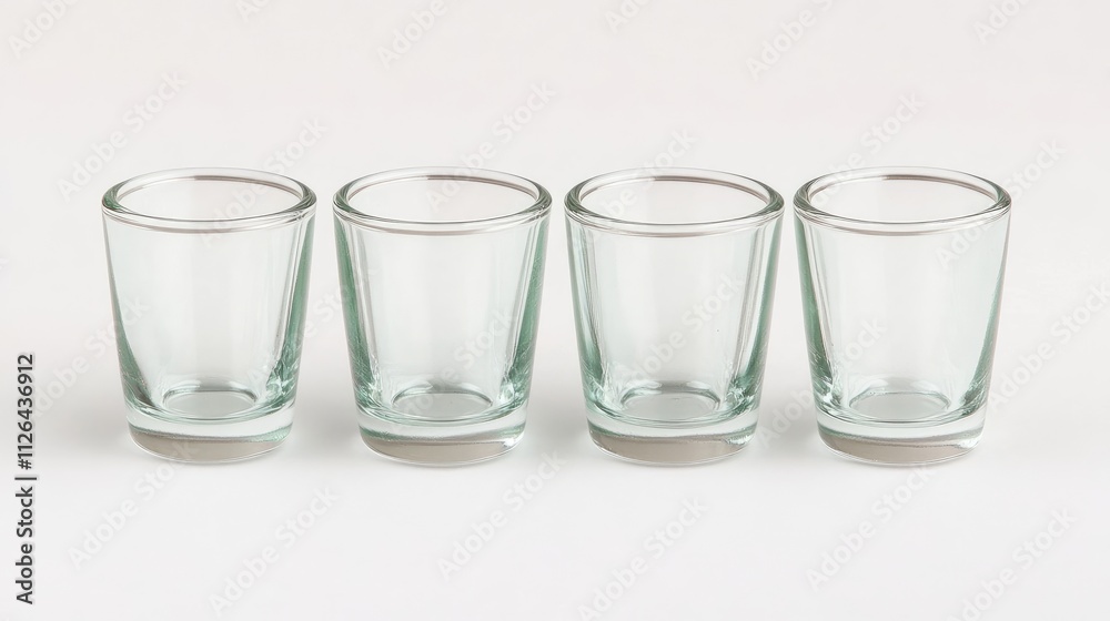 Set of four small empty glass tumblers arranged on a clean white background for a minimalist and elegant beverage presentation Set of four small empty glass tumblers arranged on a clean white background for a minimalist and elegant beverage presentation