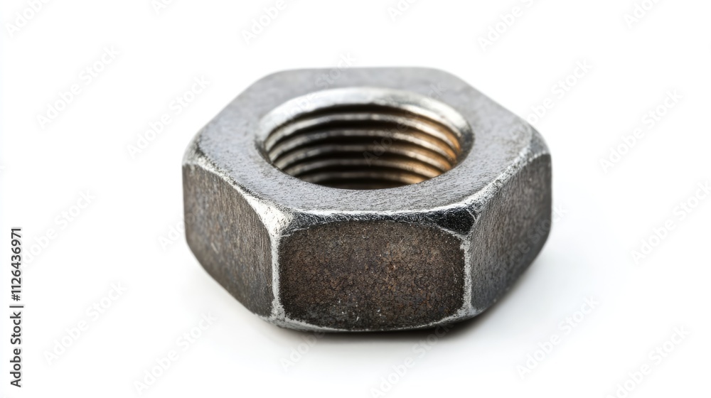Detailed close-up of a rusted metal nut showcasing its textured surface and threaded interior against a clean white background Detailed close-up of a rusted metal nut showcasing its textured surface and threaded interior against a clean white background