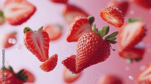 Ripe strawberries sliced and floating with water droplets creating a fresh vibrant food background for culinary themes photo