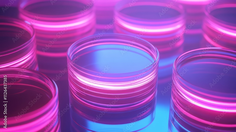 Neon lit petri dishes with serum for innovative cosmetic research and experimentation background Neon lit petri dishes with serum for innovative cosmetic research and experimentation background