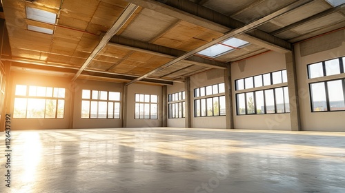 Completed prestressed concrete ceiling in an empty building construction site, featuring large windows allowing natural light, spacious interior, modern architecture, industrial design, construction. photo