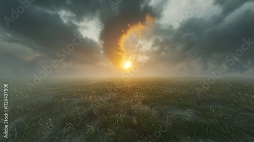 A tornado forming over a prairie at midday, with the sun hidden behind dark storm clouds
