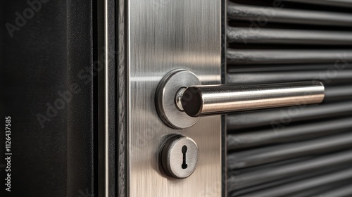 Metal mortise lock with modern design on a sleek metal door entrance showcasing security and access control for private spaces.