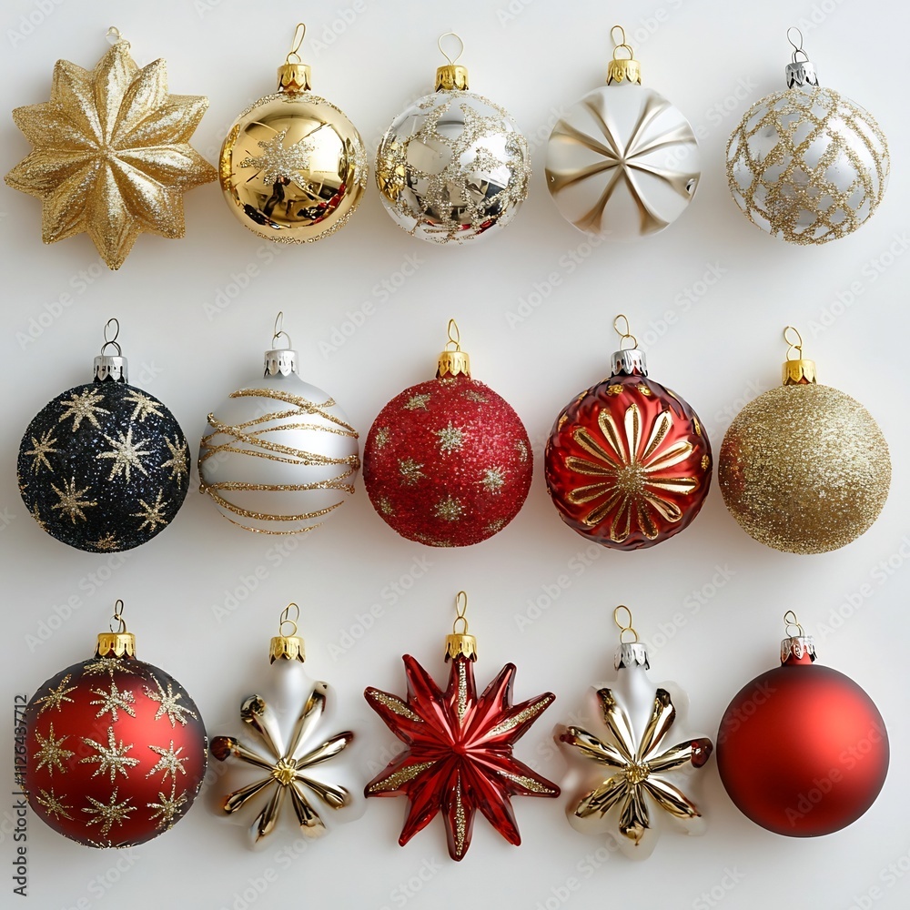 Elegant New Year Ornaments Collection Displayed on White Background Elegant New Year Ornaments Collection Displayed on White Background