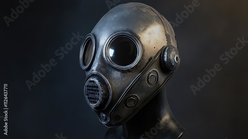 Vintage gas mask with round lenses and grill details displayed on a mannequin against a dark background highlighting industrial safety equipment. photo