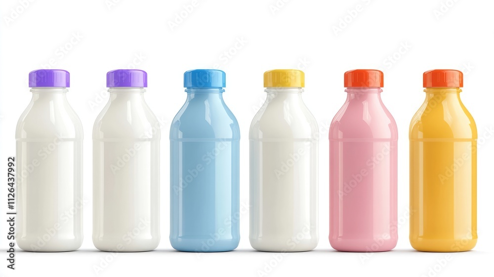 Multicolored plastic bottles of milk and yogurt with vibrant caps displayed in a row on a clean white background Multicolored plastic bottles of milk and yogurt with vibrant caps displayed in a row on a clean white background