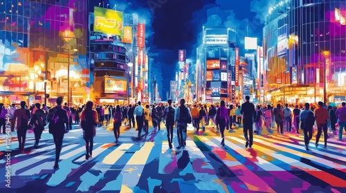 Wallpaper Mural Vibrant cityscape at night, colorful lights, bustling street, urban scene, modern skyline, crowd walking, neon hues Torontodigital.ca