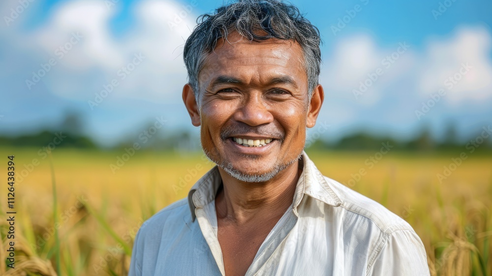 Portrait of a smiling middle-aged Indonesian man, a farmer in a rice field, with a blue sky and green grass background. Portrait of a smiling middle-aged Indonesian man, a farmer in a rice field, with a blue sky and green grass background.