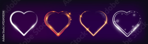 Set of glowing heart shapes with sparkles and light effects on dark transparent background. Designs include fiery, golden, and neon elements suitable for romantic or festive themes.