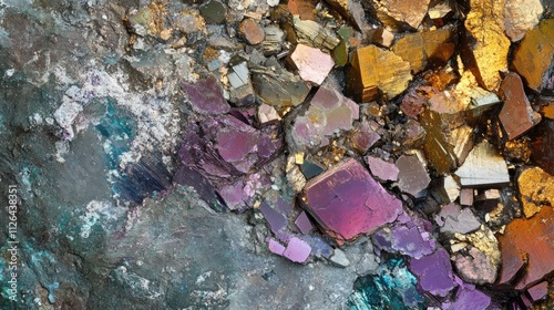 Colorful mineral composition featuring chalcopyrite, pyrite, and calcite showcasing unique textures and brilliant hues in natural rock formation. photo