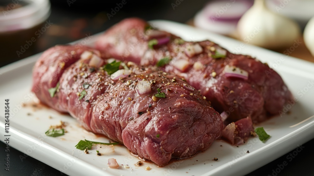 Freshly prepared beef rolls garnished with onions and herbs on a pristine white plate ready for cooking or presentation in a culinary setting Freshly prepared beef rolls garnished with onions and herbs on a pristine white plate ready for cooking or presentation in a culinary setting
