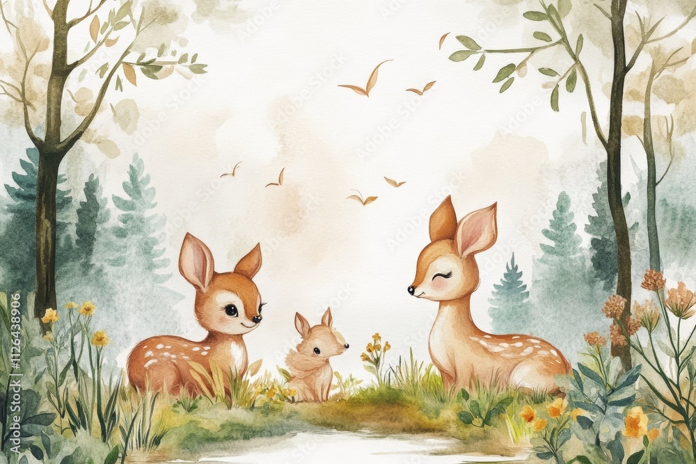 Peaceful Woodland Scene with Deer in Watercolor Style. Cute Nursery Art. Watercolor Nursery Illustration. Peaceful Woodland Scene with Deer in Watercolor Style. Cute Nursery Art. Watercolor Nursery Illustration.