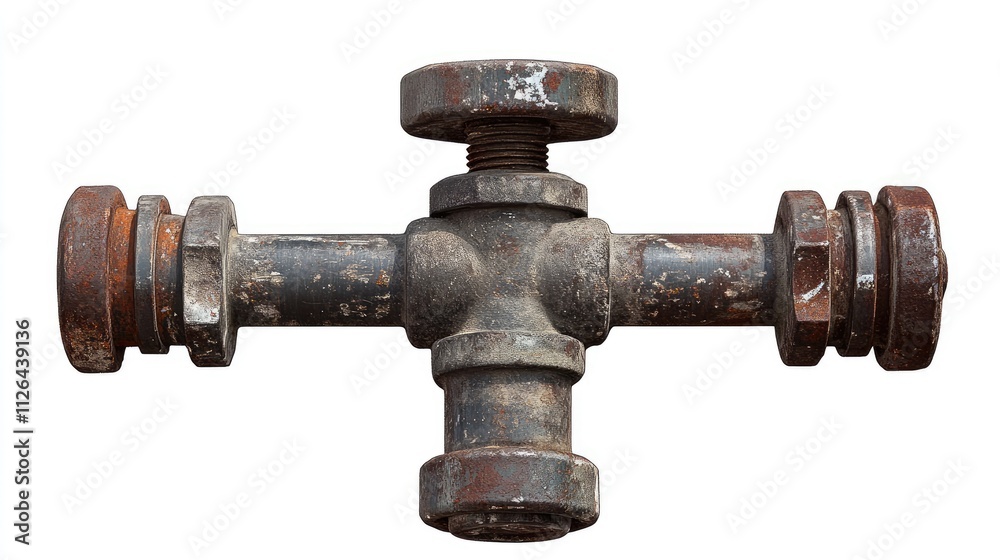 Industrial plumbing pipe fitting for water drainage in construction and engineering applications showcasing aged metal components. Industrial plumbing pipe fitting for water drainage in construction and engineering applications showcasing aged metal components.