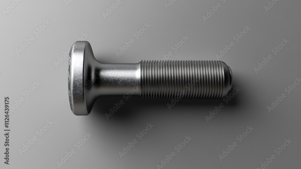 Metal screw resting on a smooth grey surface showcasing industrial design and detail. Metal screw resting on a smooth grey surface showcasing industrial design and detail.