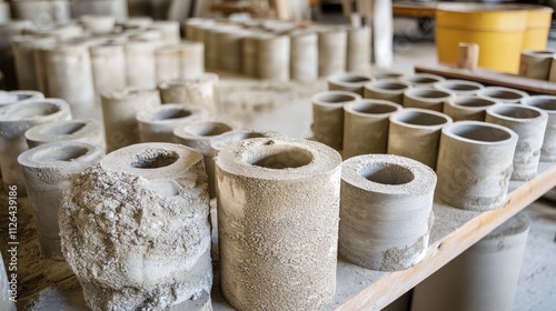 Molds made of sand and cement used for creating tubular structures in well wall construction indoors