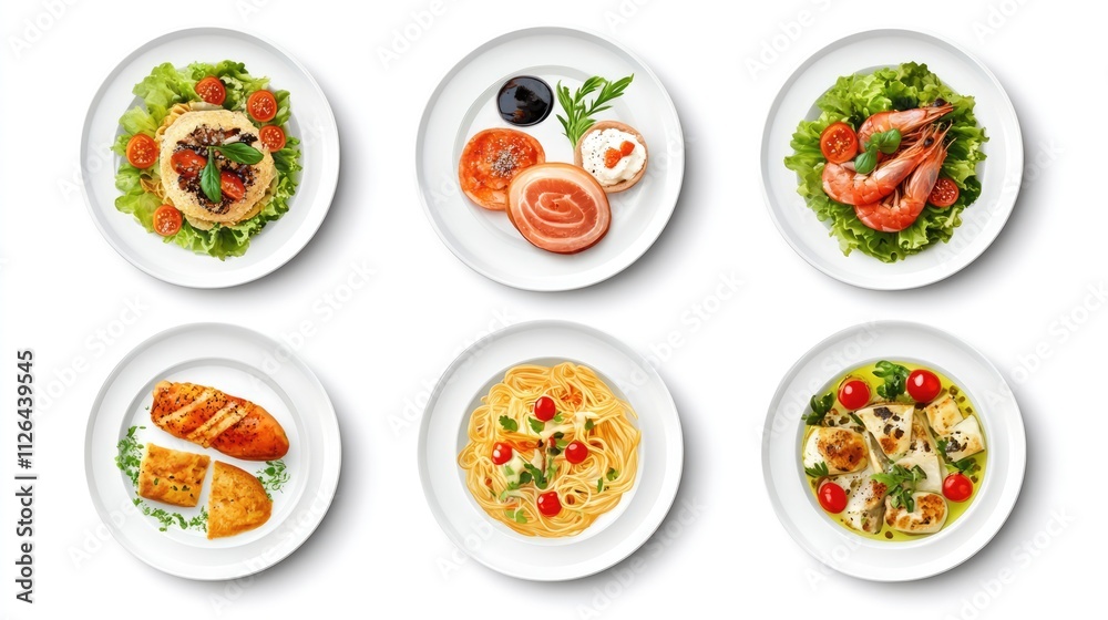 six diverse plates of gourmet food featuring salads seafood and pasta arranged elegantly on a white background top view six diverse plates of gourmet food featuring salads seafood and pasta arranged elegantly on a white background top view