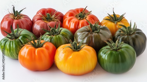 variety of ripe heirloom tomatoes arranged on a white background showcasing vibrant colors and unique shapes for culinary uses