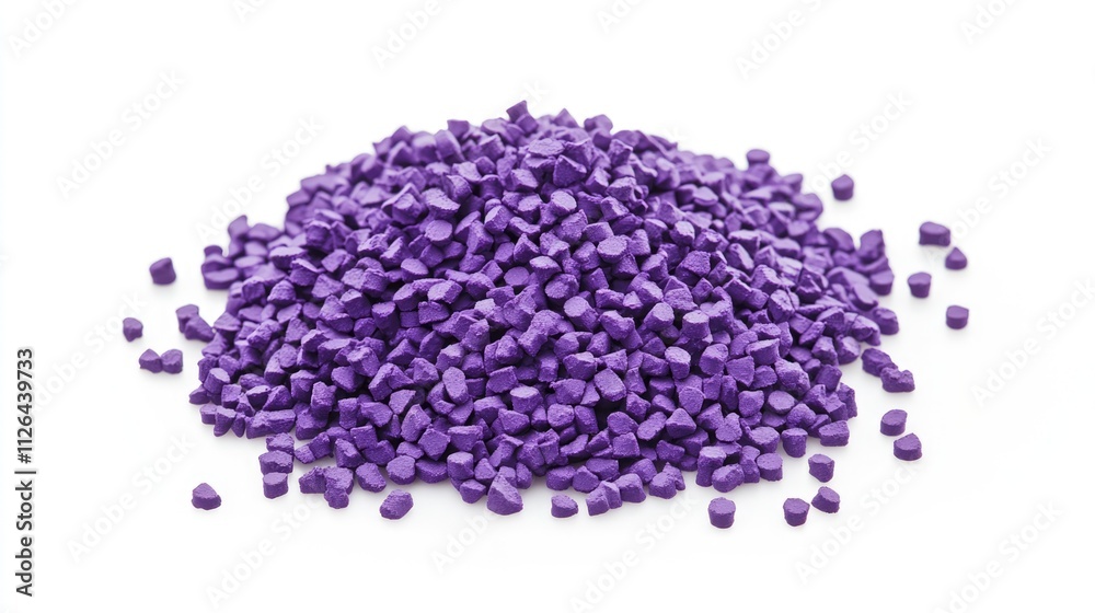 Purple masterbatch granules showcasing vibrant color chips arranged on a clean white background ideal for plastic manufacturing applications Purple masterbatch granules showcasing vibrant color chips arranged on a clean white background ideal for plastic manufacturing applications