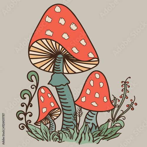 Vector color illustration of mushrooms fly agarics, toadstools, herbs and flowers in the colors of 1970. Vector illustration.