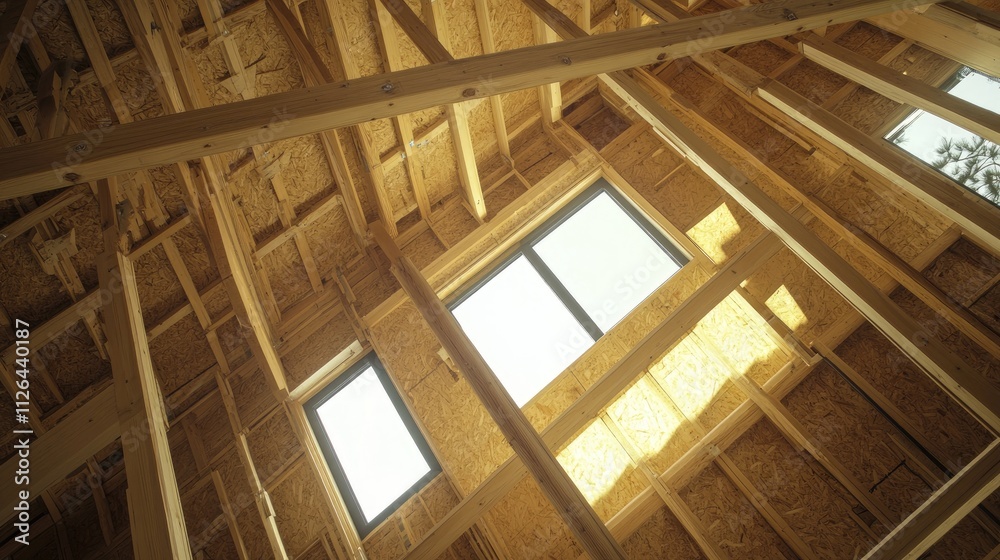 Obraz premium Wooden frame house interior showcasing plywood structure and window details under construction with natural light streaming through.