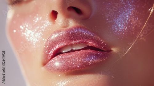 Sparkling pink glitter lipstick accentuating luscious lips for a glamorous beauty look in close-up shot