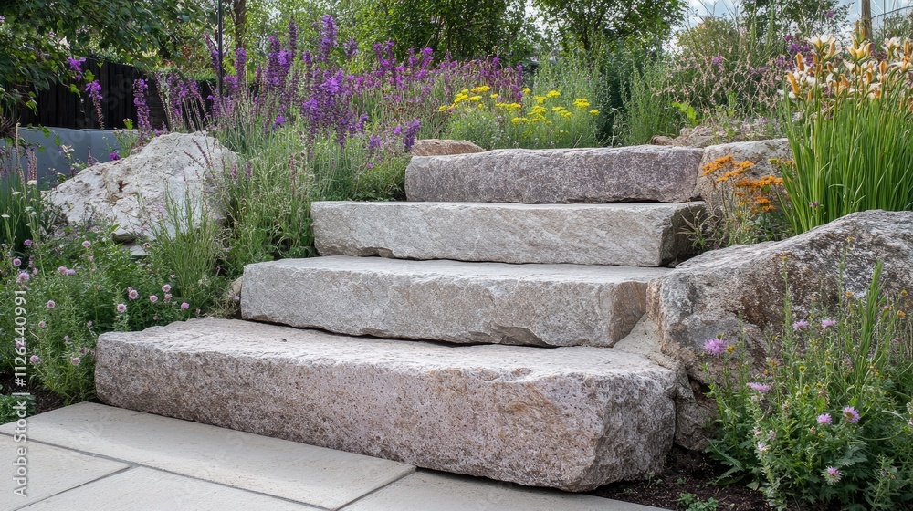 Obraz premium Elegant terraced stone steps surrounded by vibrant flowers and lush greenery in a beautiful garden setting