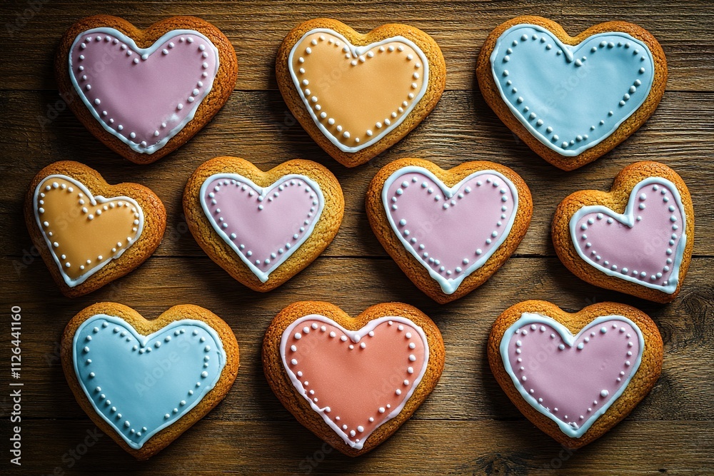 flat-lay arrangement of heart-shaped cookies decorated with icing on wooden surface natural light creating copy space flat-lay arrangement of heart-shaped cookies decorated with icing on wooden surface natural light creating copy space