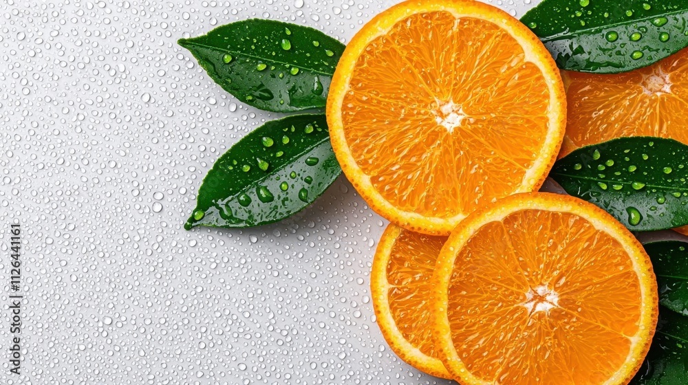 A photostock of orange slices splashed with drops of juice, captured on a seamless white background, symbolizing freshness and energy. High Quality A photostock of orange slices splashed with drops of juice, captured on a seamless white background, symbolizing freshness and energy. High Quality