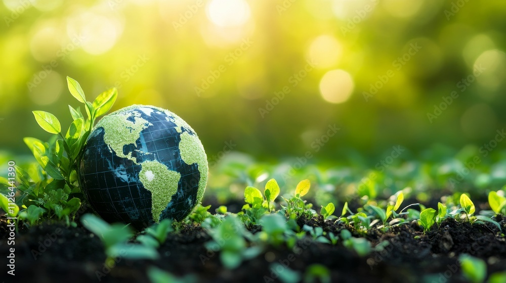 Globe, sprouting plants, fertile earth, sunlight, growth. Globe, sprouting plants, fertile earth, sunlight, growth.