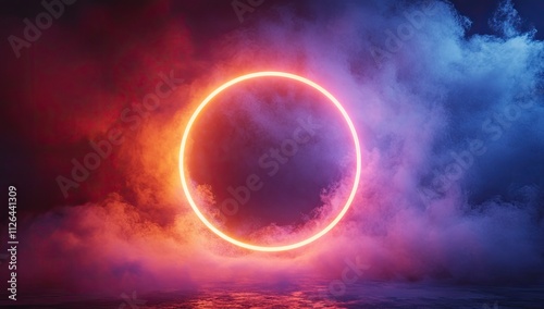 Glowing neon circle with colorful smoke on a dark background.