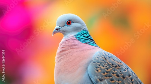 Vibrant turtledove on a colorful background showcasing its unique plumage and striking features in a vivid and artistic composition.