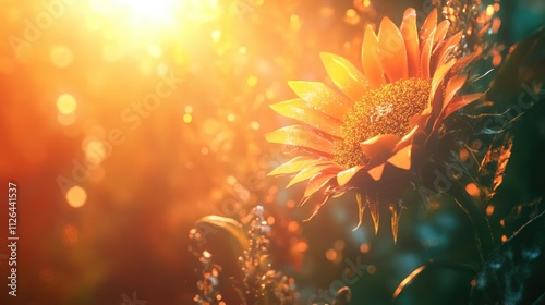 Vibrant sunflower bathed in warm sunlight with a bokeh effect creating a serene and enchanting atmosphere in nature.