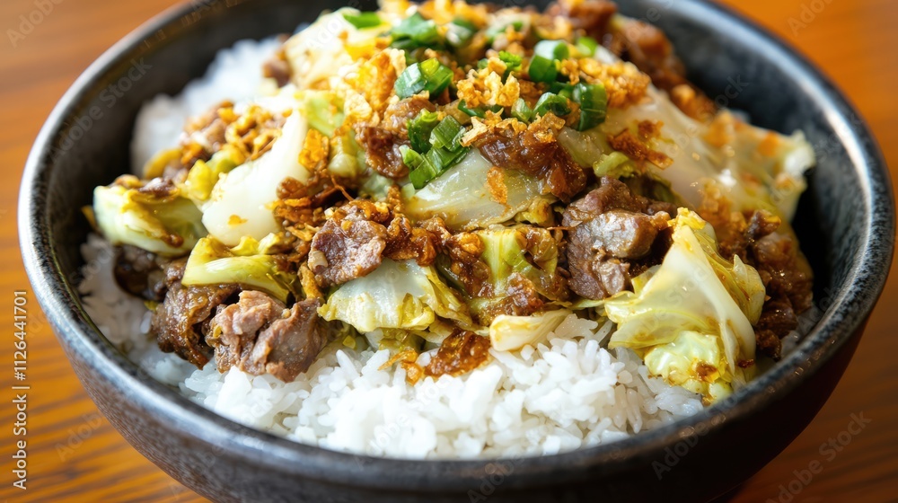 Stir Fried Cabbage and Liver served over Steamed White Rice in a Bowl with Garnishes Stir Fried Cabbage and Liver served over Steamed White Rice in a Bowl with Garnishes