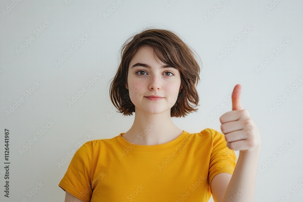 young woman giving thumbs up in casual attire young woman giving thumbs up in casual attire