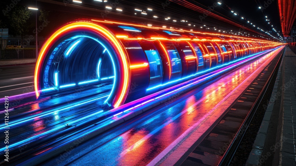 Futuristic Neon Train Tunnel at Night Speed Technology Transportation Futuristic Neon Train Tunnel at Night Speed Technology Transportation